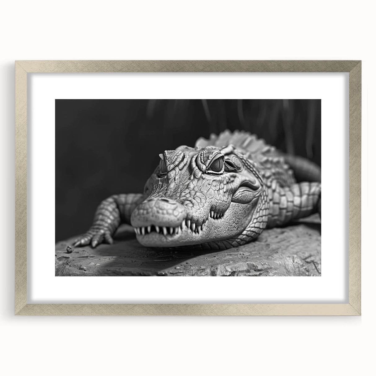 Framed wall art collection showcasing vibrant reptile designs featuring alligators and crocodiles, elegantly presented with a silver frame and mat. Ideal for wildlife enthusiasts and home decor.