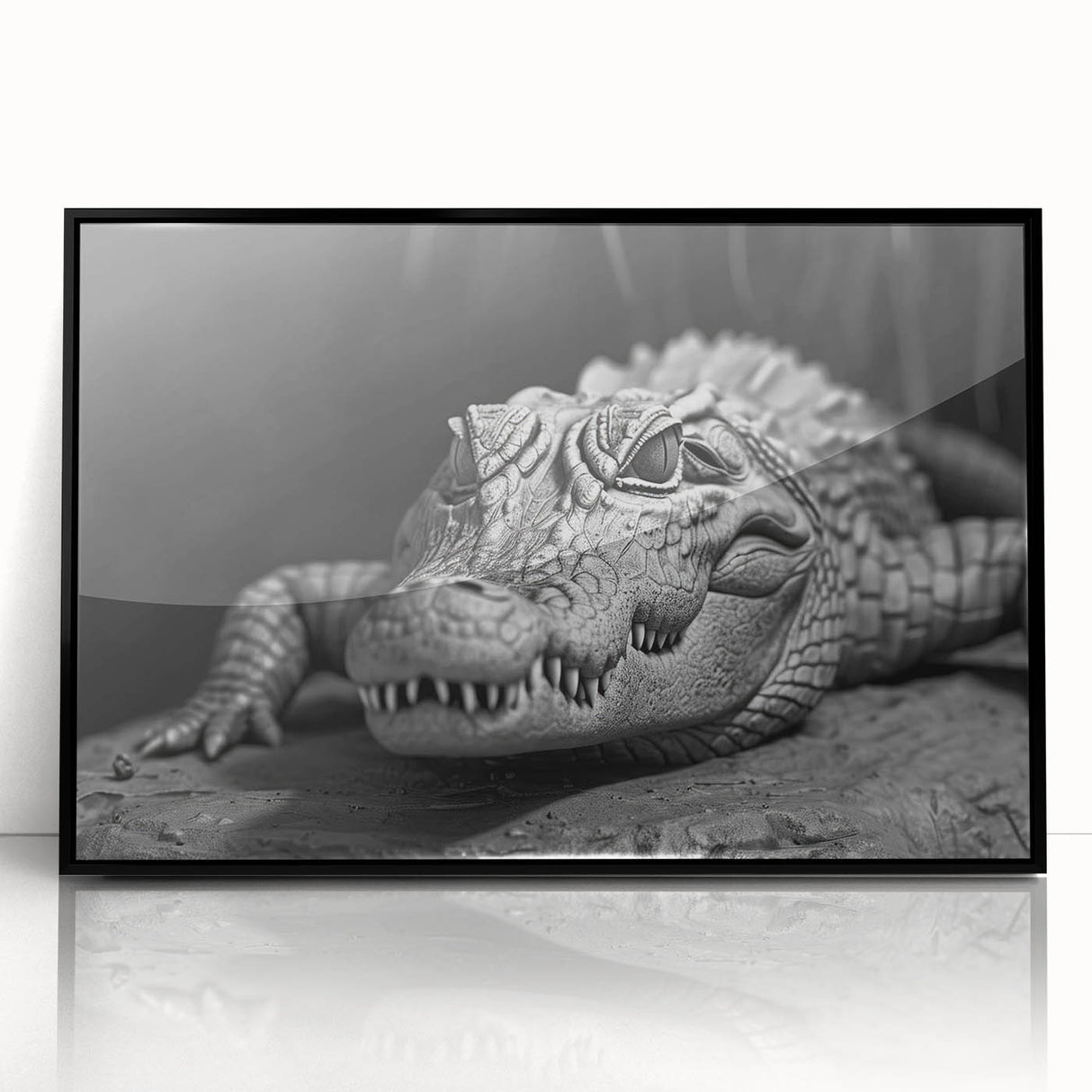 Framed wall art featuring a vibrant, detailed design of reptiles, including gators and crocodiles, set in a sleek black frame for modern decor. Perfect for wildlife enthusiasts.