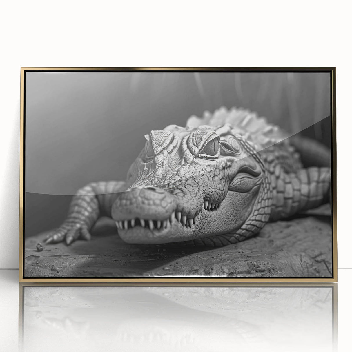 Framed acrylic wall art showcasing a vibrant design of reptiles, including alligators and crocodiles, with a gold border, perfect for enhancing any room's decor.