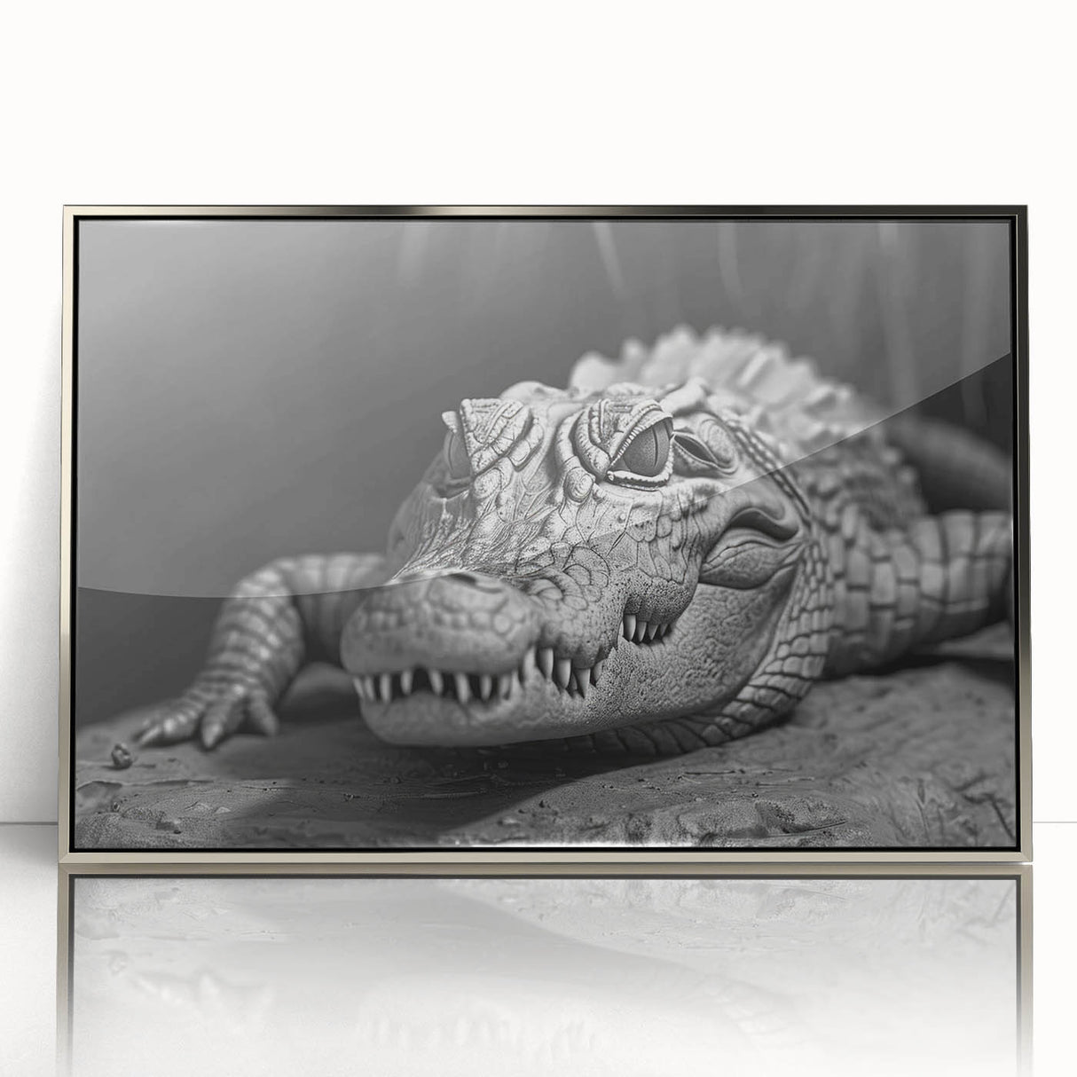 Framed acrylic wall art showcasing a vibrant design of reptiles, gators, and crocodiles, featuring a sleek silver frame that enhances its modern aesthetic. Ideal for wildlife enthusiasts or home decor.