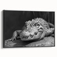 Framed wall art collection showcasing a striking design of reptiles, including gators and crocodiles, on a black canvas, emphasizing vibrant colors and intricate details. Perfect for animal lovers and unique home decor.