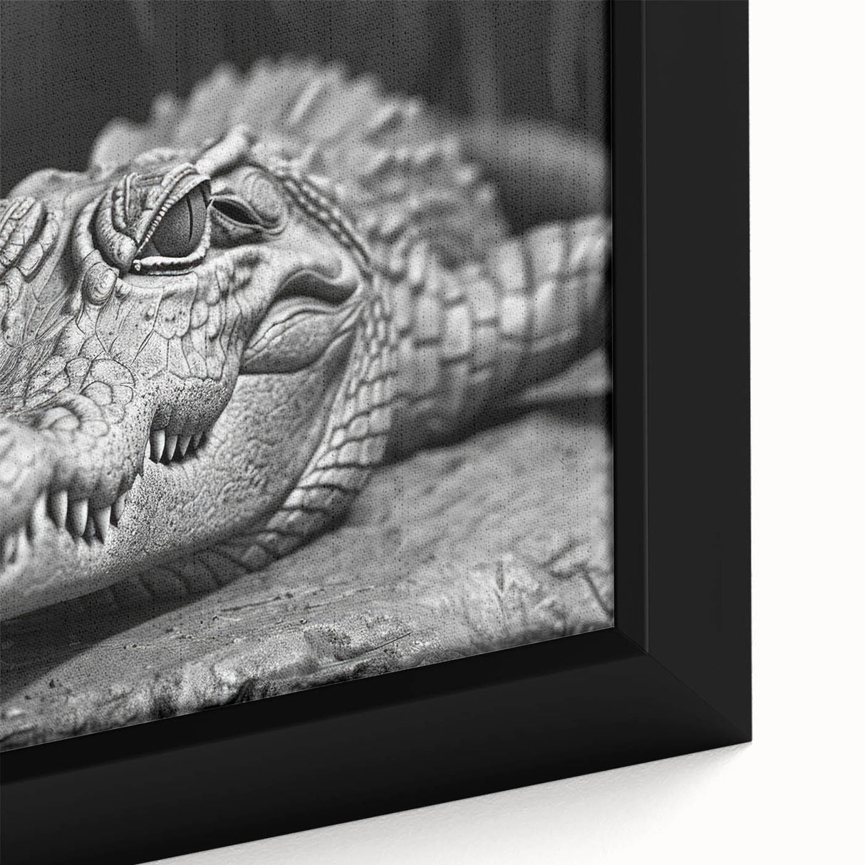 Close-up of a framed canvas wall art featuring vibrant reptile designs, showcasing alligators and crocodiles against a textured background, ideal for wildlife enthusiasts.