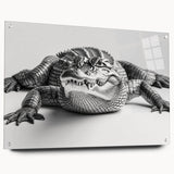 Acrylic glass wall art collection showcasing vibrant reptile designs, featuring alligators and crocodiles in a dynamic side view, accented with decorative pins.