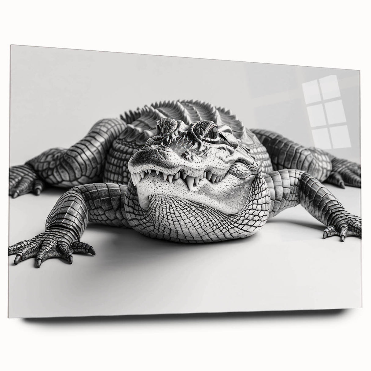 Acrylic glass wall art featuring a vibrant design of reptiles, gators, and crocs, showcasing detailed colors and patterns against a sleek, modern backdrop. This decorative piece adds a unique touch to any space while highlighting wildlife themes.