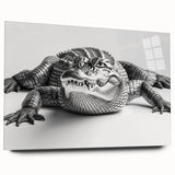 Acrylic glass wall art featuring a vibrant design of reptiles, gators, and crocs, showcasing detailed colors and patterns against a sleek, modern backdrop. This decorative piece adds a unique touch to any space while highlighting wildlife themes.