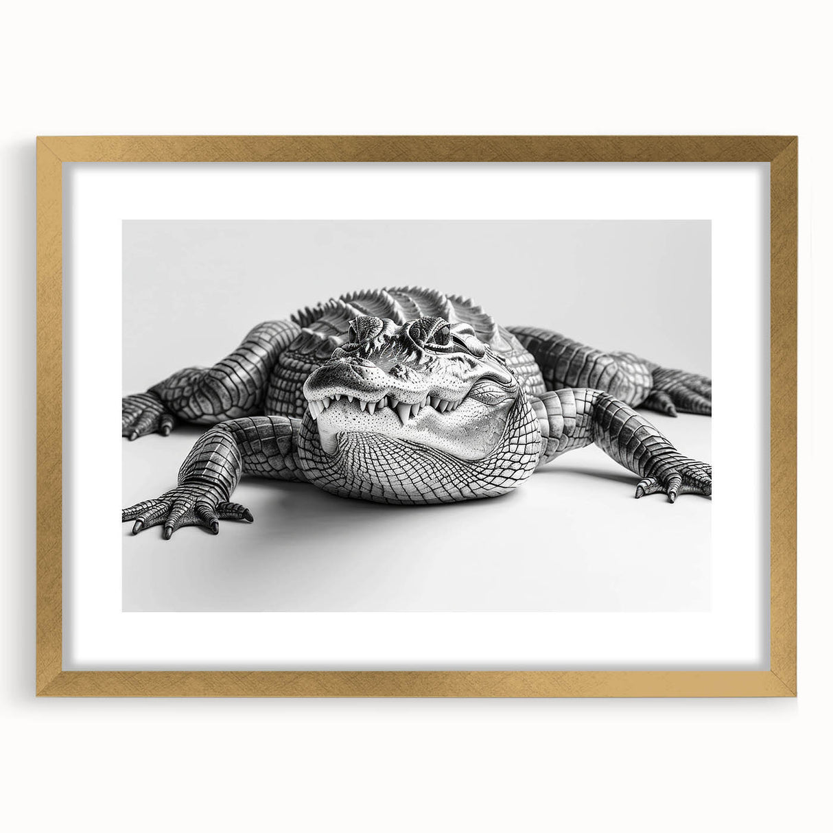 Gold-framed wall art featuring a vibrant design of reptiles, alligators, and crocodiles, showcasing intricate details and textures, perfect for wildlife enthusiasts.