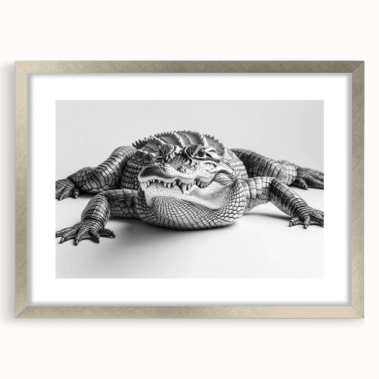 Framed wall art collection showcasing a vibrant reptile design featuring alligators and crocodiles, set in a sleek silver frame with a mat for added elegance.