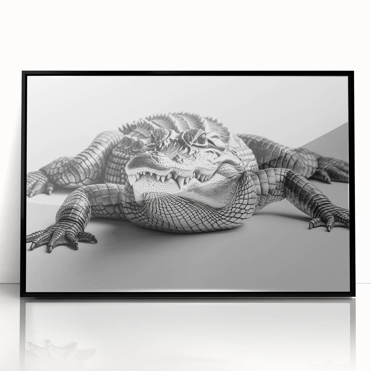 Framed wall art featuring a vibrant reptile design showcasing alligators and crocodiles, set in a sleek black frame, perfect for wildlife enthusiasts and home decor.