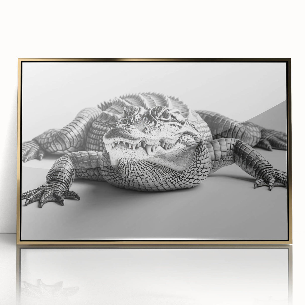 Framed acrylic wall art featuring a vibrant design of reptiles, including gators and crocodiles, set against a sleek gold background, ideal for wildlife enthusiasts.