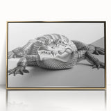 Framed acrylic wall art featuring a vibrant design of reptiles, including gators and crocodiles, set against a sleek gold background, ideal for wildlife enthusiasts.