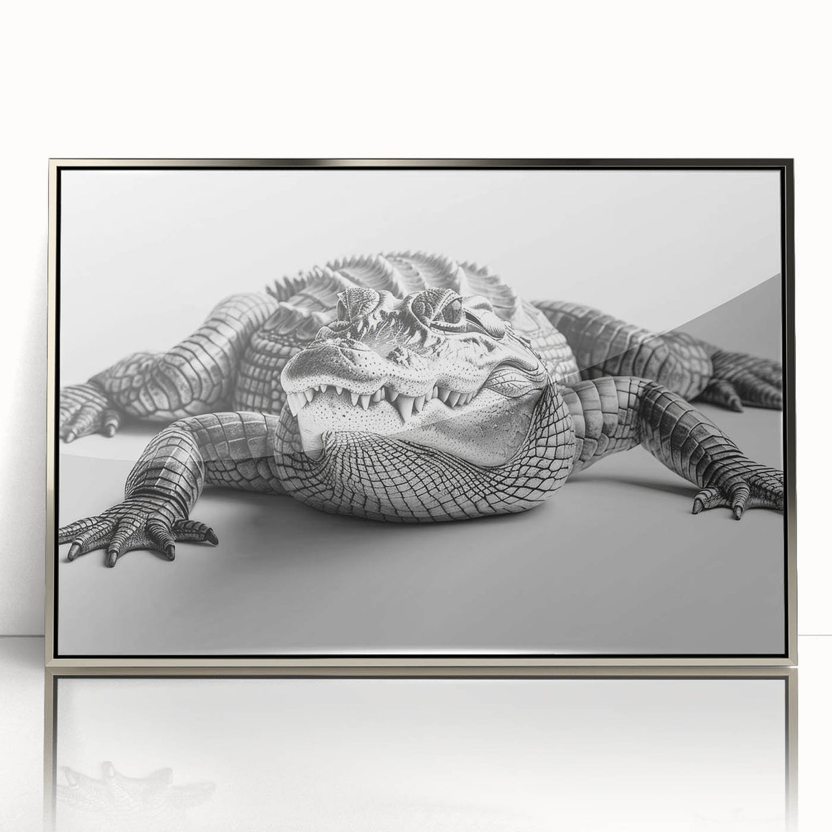 Framed wall art featuring a vibrant reptile design, showcasing alligators and crocodiles in a stunning silver-acrylic finish, perfect for enhancing modern decor.