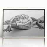Framed wall art featuring a vibrant reptile design, showcasing alligators and crocodiles in a stunning silver-acrylic finish, perfect for enhancing modern decor.