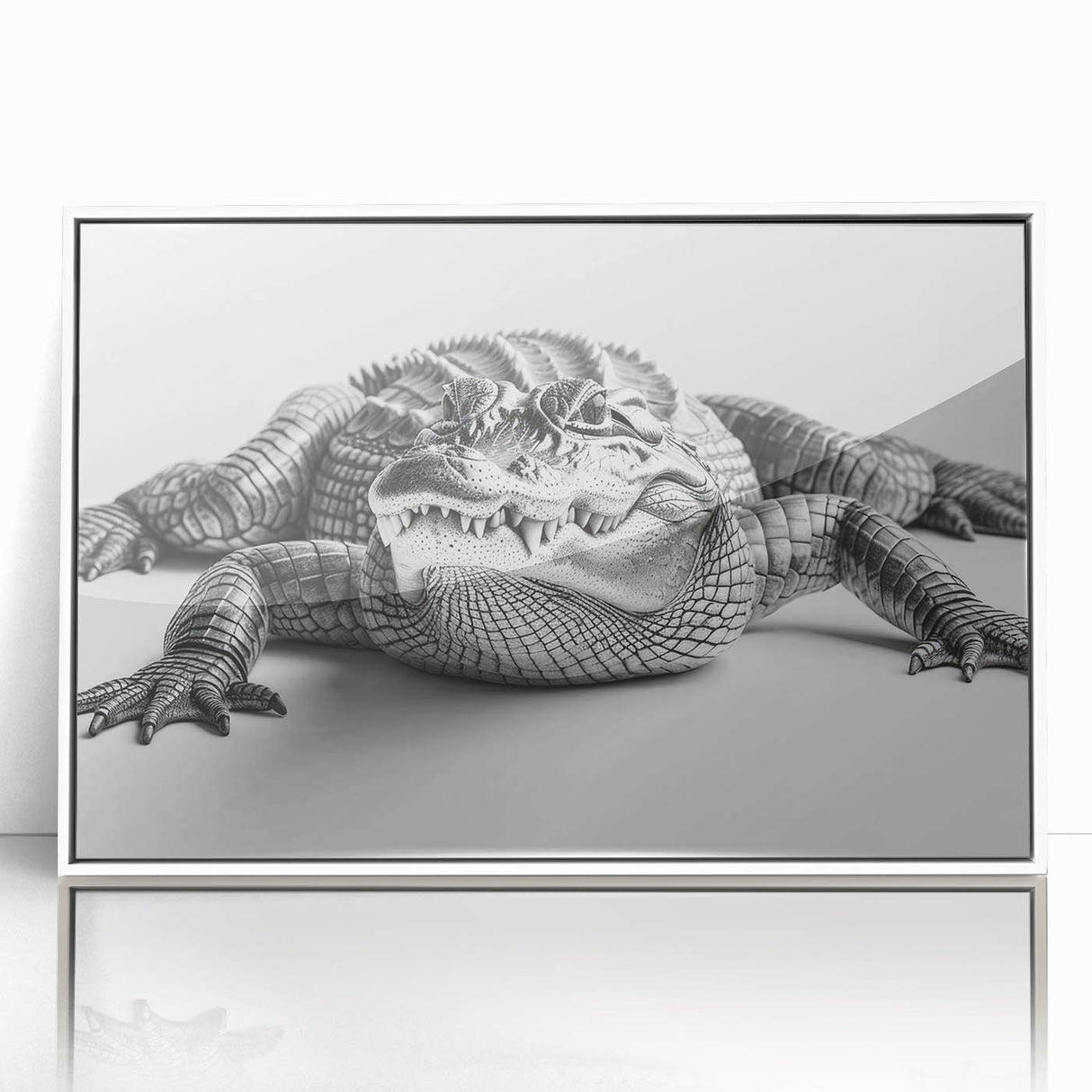 Framed acrylic wall art featuring a detailed design of reptiles, including alligators and crocodiles, showcased in a sleek white frame, perfect for nature-themed decor.