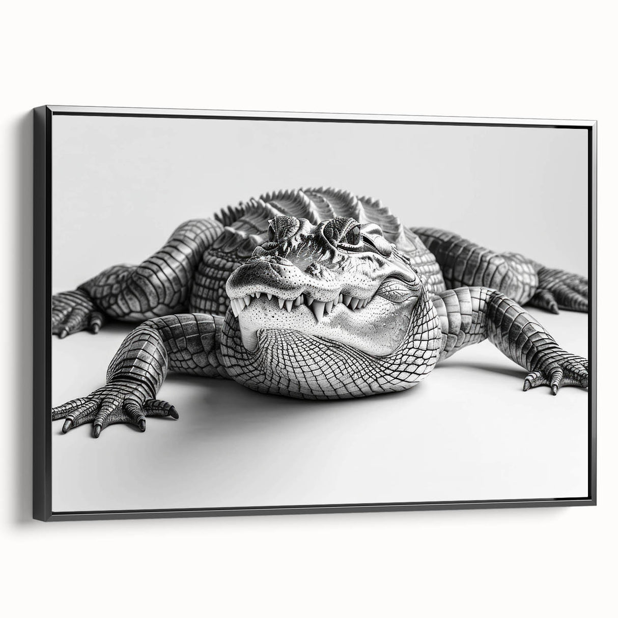 Framed wall art showcasing a vibrant design of reptiles, gators, and crocodiles in a black frame. This colorful canvas adds a unique touch to any room decor.