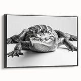 Framed wall art showcasing a vibrant design of reptiles, gators, and crocodiles in a black frame. This colorful canvas adds a unique touch to any room decor.