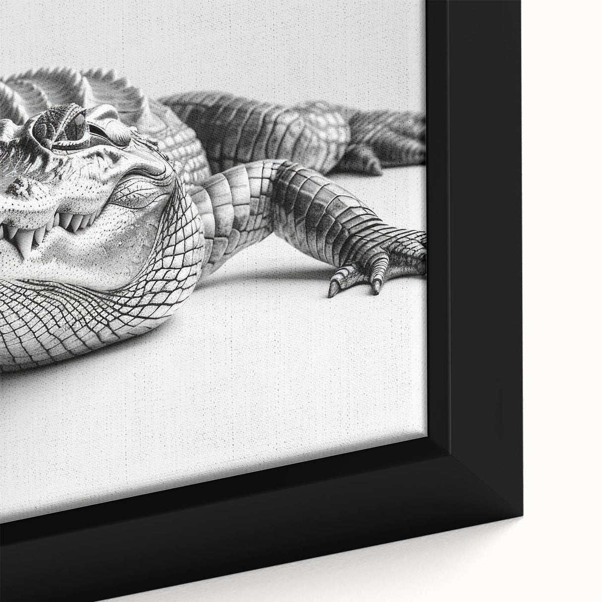 Close-up of a framed canvas wall art depicting a vibrant reptile design featuring alligators and crocodiles, showcasing intricate details and rich colors, perfect for animal lovers' decor.