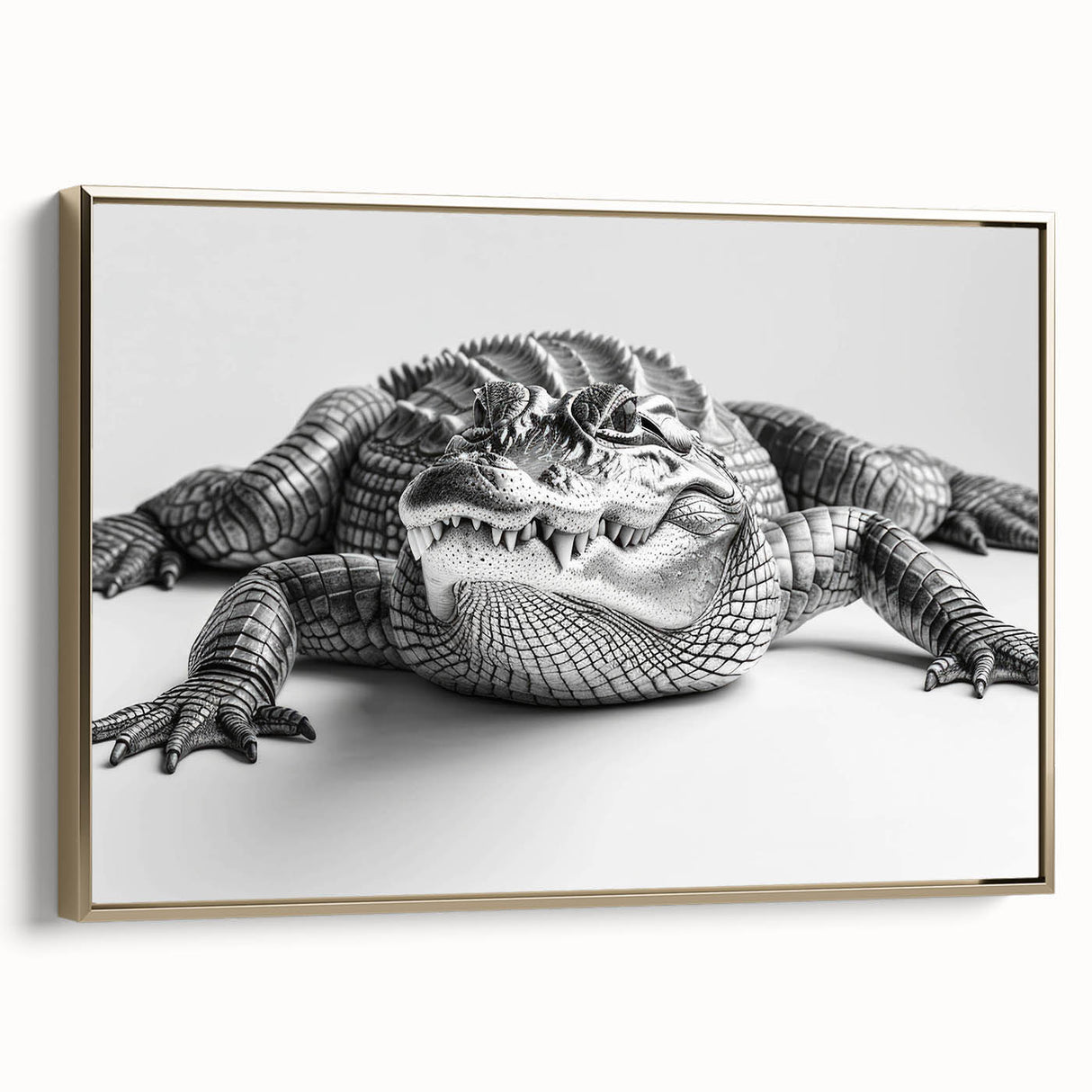 Framed wall art showcasing a vibrant design of reptiles, including alligators and crocodiles, with a sleek gold frame, ideal for wildlife enthusiasts.