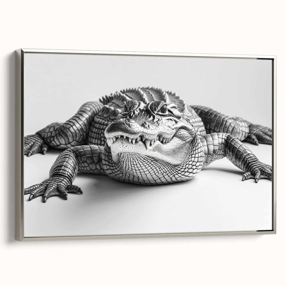 Framed wall art showcasing a detailed design of reptiles, including alligators and crocodiles, in a silver frame. The artwork emphasizes vibrant colors and intricate patterns, ideal for nature enthusiasts.