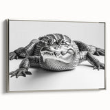 Framed wall art showcasing a detailed design of reptiles, including alligators and crocodiles, in a silver frame. The artwork emphasizes vibrant colors and intricate patterns, ideal for nature enthusiasts.
