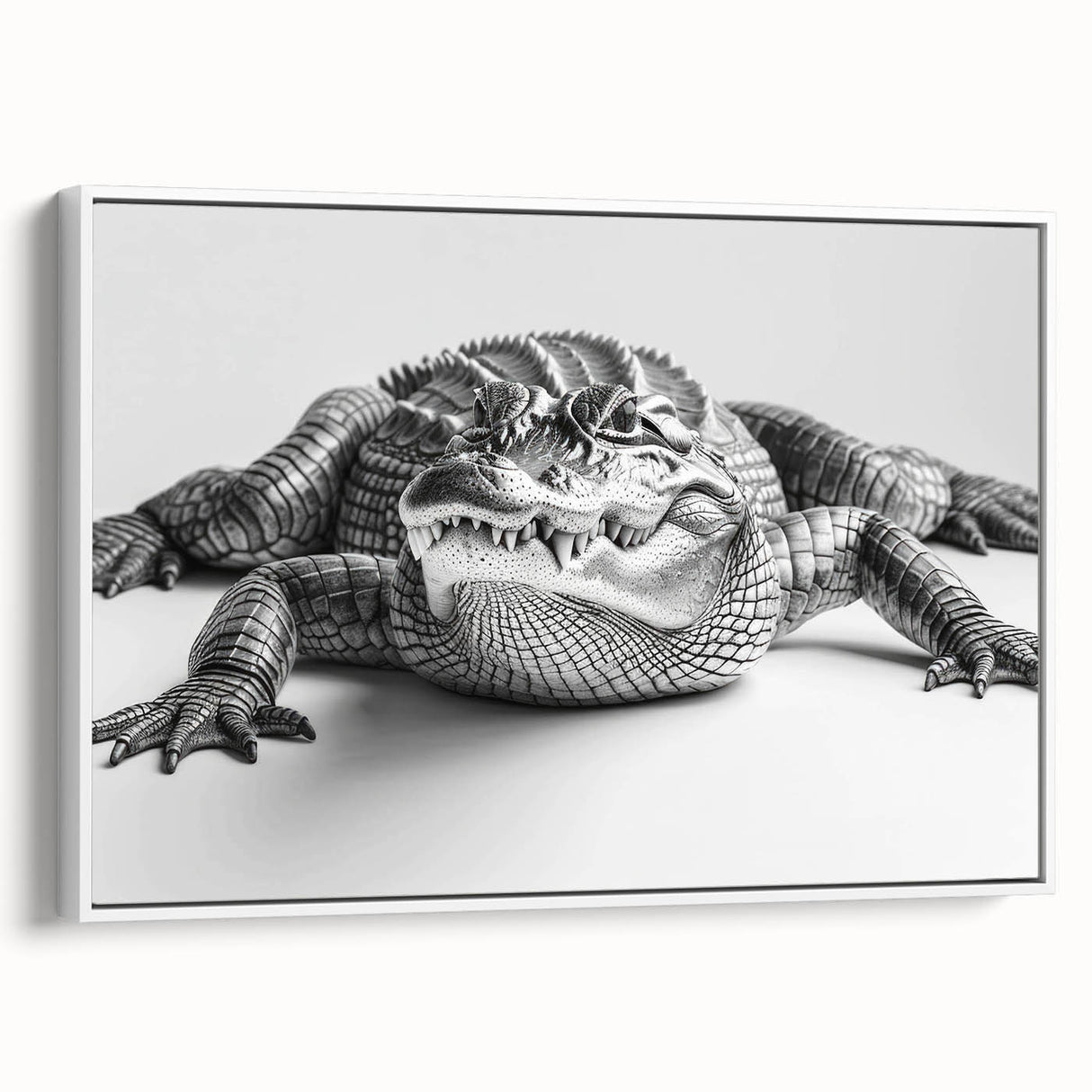 Framed canvas wall art featuring a vibrant design of reptiles, including alligators and crocodiles, with a white background, ideal for nature enthusiasts and home decor.