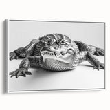Framed canvas wall art featuring a vibrant design of reptiles, including alligators and crocodiles, with a white background, ideal for nature enthusiasts and home decor.