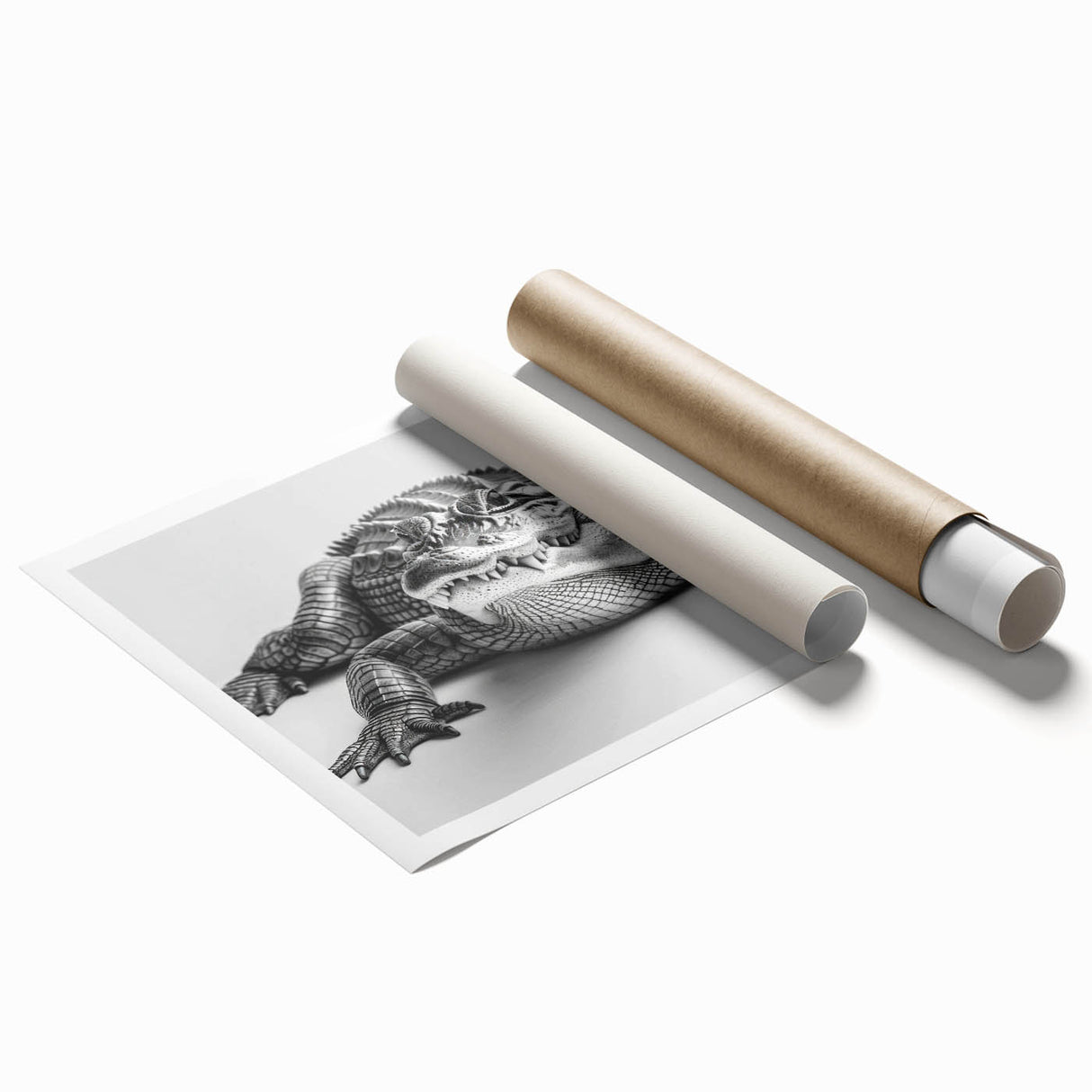 Colorful wall art print featuring a detailed design of reptiles, including alligators and crocodiles, ideal for nature enthusiasts and home decor. This rolled artwork showcases vibrant greens and earthy tones, emphasizing the intricate patterns and textures of the reptiles, perfect for adding a unique touch to any room.