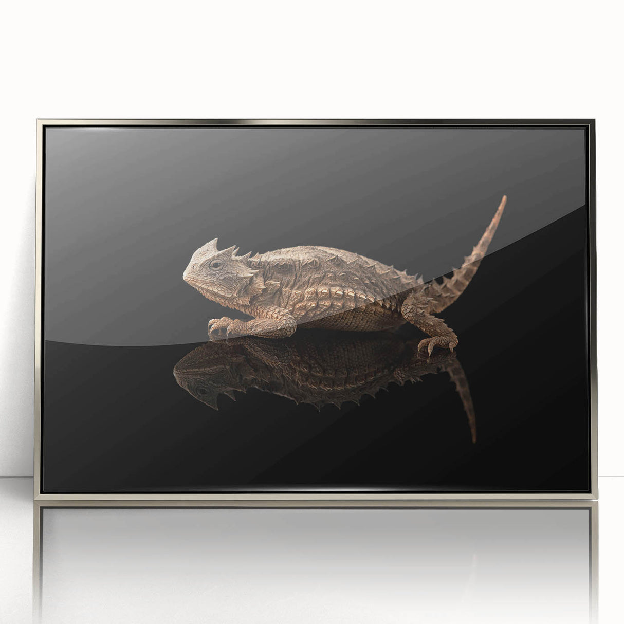 Framed wall art showcasing a vibrant reptile lizard design in acrylic with a sleek silver frame, perfect for enhancing modern decor and reptile enthusiasts' spaces.
