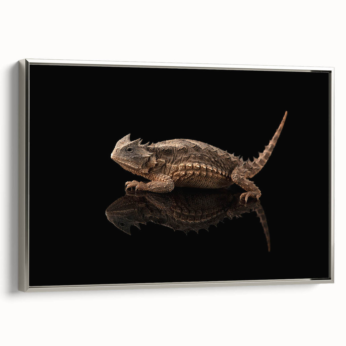 Framed canvas wall art showcasing a vibrant reptile lizard design in silver tones, perfect for adding a modern touch to home decor. Ideal for animal lovers and art enthusiasts.