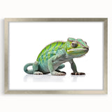 Framed wall art featuring a detailed lizard design in vibrant colors, encased in a sleek silver frame with a mat, perfect for reptile enthusiasts and nature lovers.
