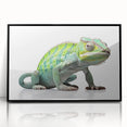 Framed wall art featuring a vibrant reptile lizard design in a sleek black frame, showcasing intricate details and vivid colors, ideal for modern decor.