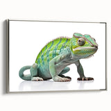 Framed wall art depicting a vibrant lizard design on canvas, showcasing intricate details and a silver frame, ideal for reptile enthusiasts and home decor.