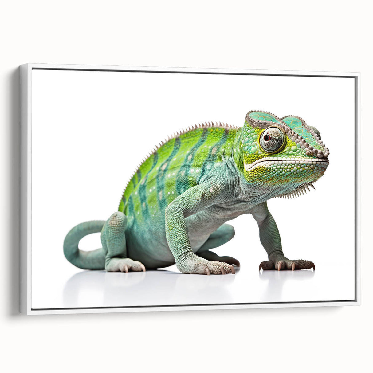 Framed canvas wall art featuring a vibrant lizard design with intricate details, showcasing bold colors against a white background, ideal for reptile lovers.