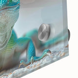 Close-up of a vibrant lizard wall art design, showcasing intricate details and colors on acrylic glass, ideal for reptile enthusiasts and home decor.
