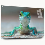 Acrylic wall art featuring a vibrant reptile lizard design, showcasing intricate details and vivid colors, displayed in a side view with decorative pins. Ideal for nature and wildlife enthusiasts.