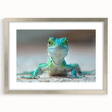 Framed wall art featuring a detailed reptile lizard design, highlighted by a silver frame and matting, ideal for home decor enthusiasts and reptile lovers.