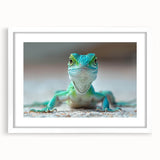 Framed wall art featuring a vibrant lizard design on a white mat, showcasing intricate details and vivid colors, perfect for reptile enthusiasts and home decor.
