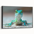 Framed wall art featuring a striking lizard design in vibrant colors on a black background, showcasing intricate details and textures, perfect for reptile enthusiasts.