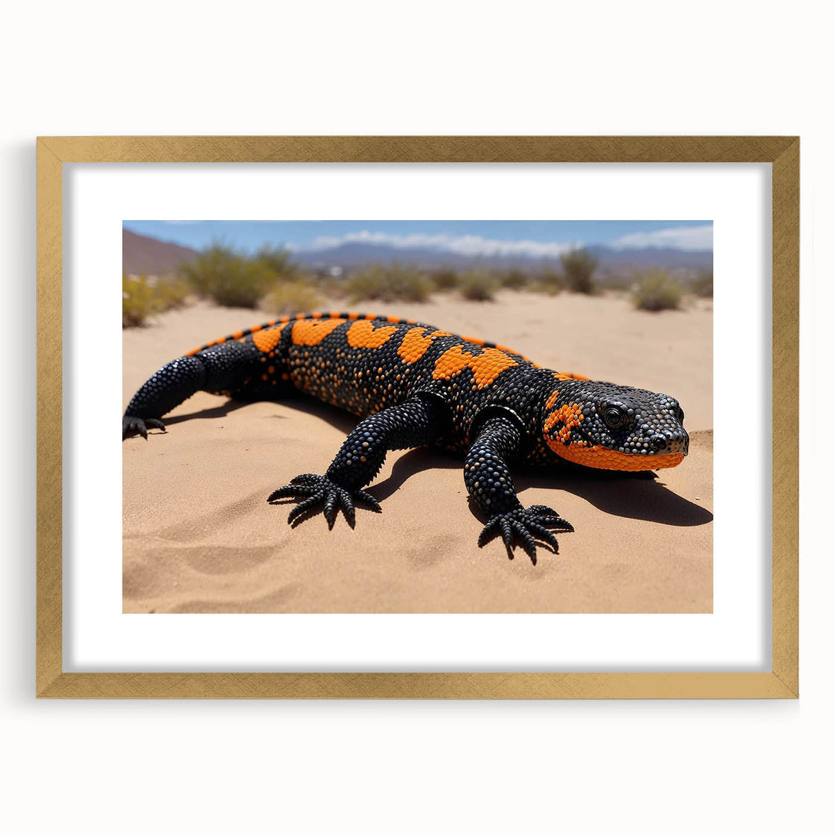 Framed wall art featuring a detailed lizard design in vibrant colors, set in a gold frame with a white mat, ideal for reptile enthusiasts and home decor.