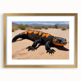 Framed wall art featuring a detailed lizard design in vibrant colors, set in a gold frame with a white mat, ideal for reptile enthusiasts and home decor.