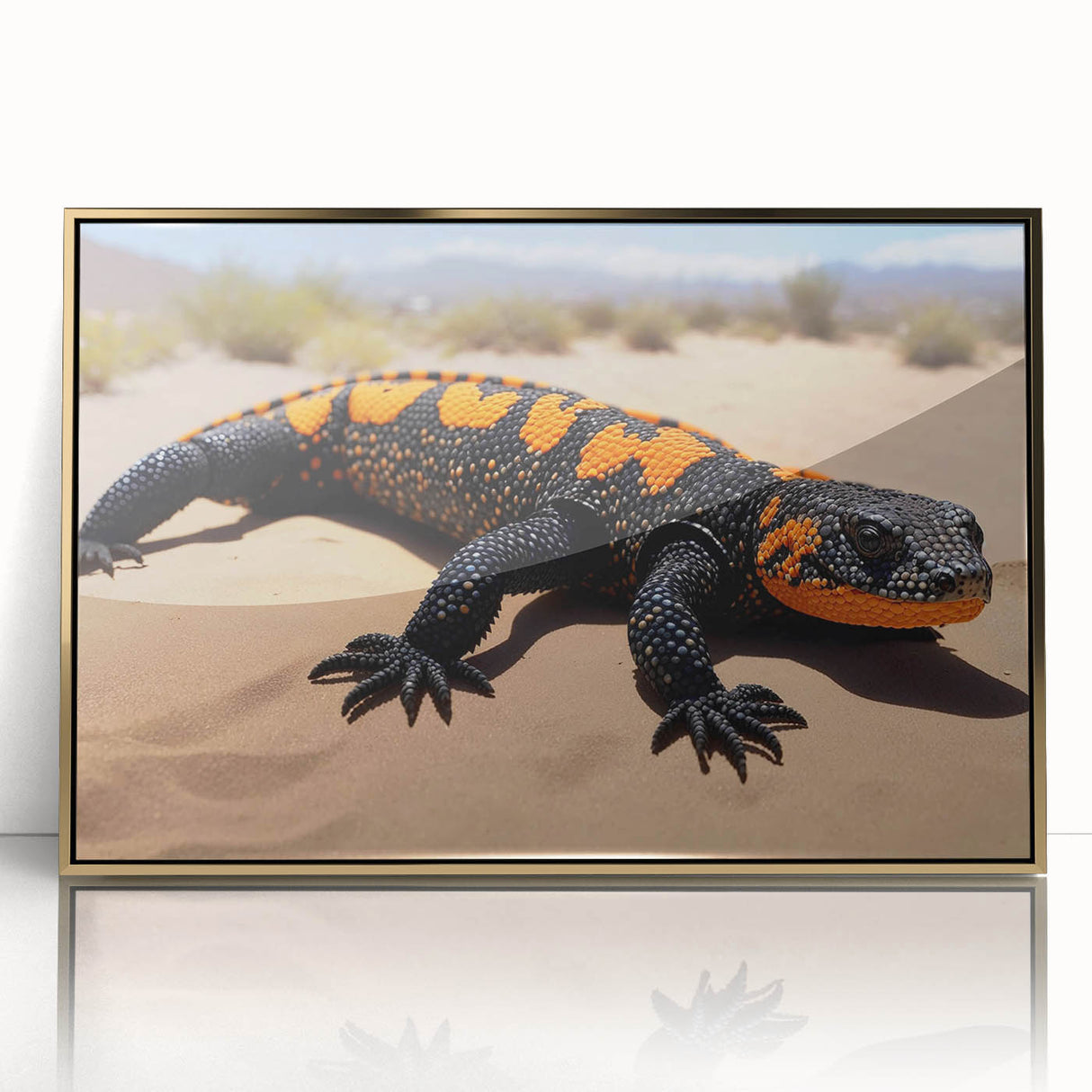 Framed acrylic wall art featuring a vibrant reptile lizard design with gold accents, showcasing intricate details and textures for a stylish home decor statement.