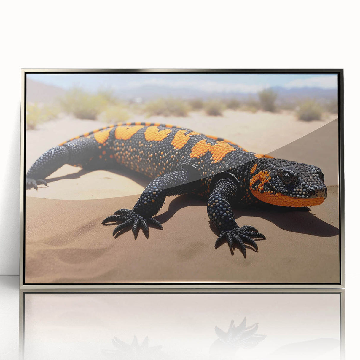 Framed wall art featuring a detailed design of a reptile lizard, showcased in an elegant silver frame, perfect for modern home decor.