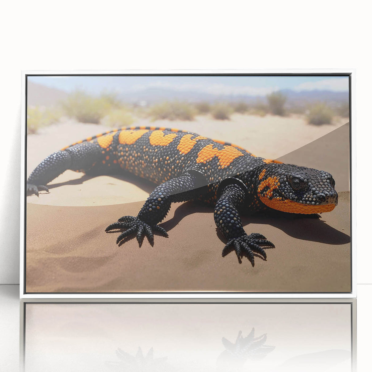 Framed wall art featuring a vibrant reptile lizard design on acrylic, showcasing intricate details and bright colors, ideal for enhancing modern home decor.