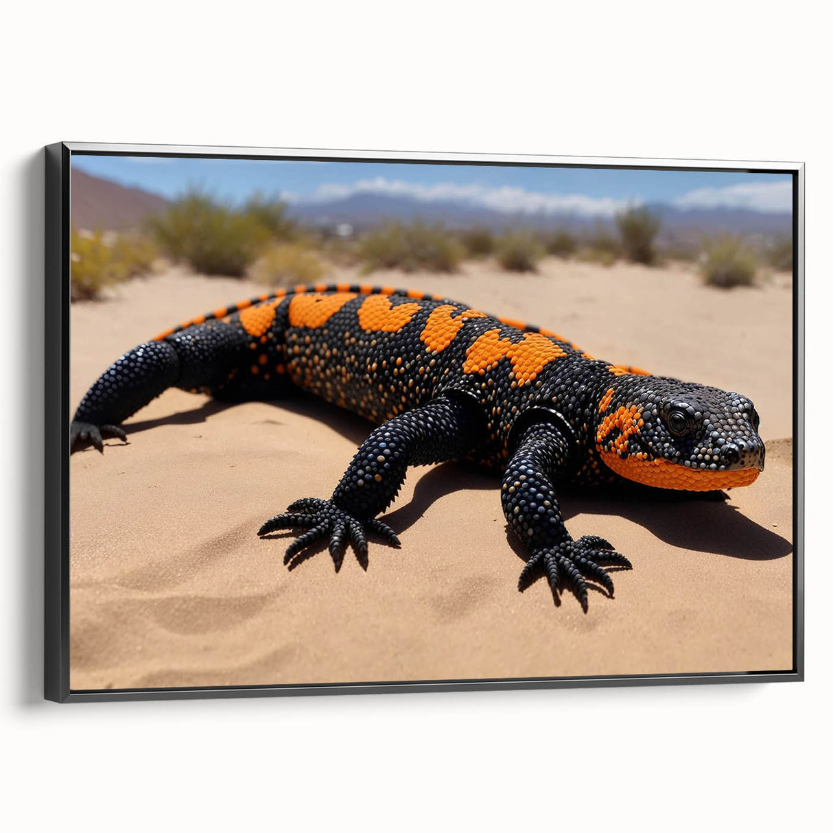 Framed wall art featuring a vibrant lizard design on a black canvas, showcasing intricate details and vivid colors, perfect for reptile enthusiasts and modern decor.