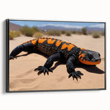 Framed wall art featuring a vibrant lizard design on a black canvas, showcasing intricate details and vivid colors, perfect for reptile enthusiasts and modern decor.
