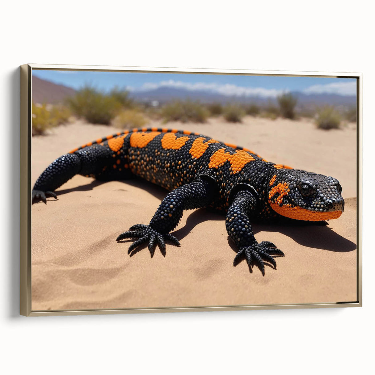 Framed wall art featuring a vibrant lizard design on canvas, showcasing intricate details and a gold frame, perfect for reptile enthusiasts and home decor.