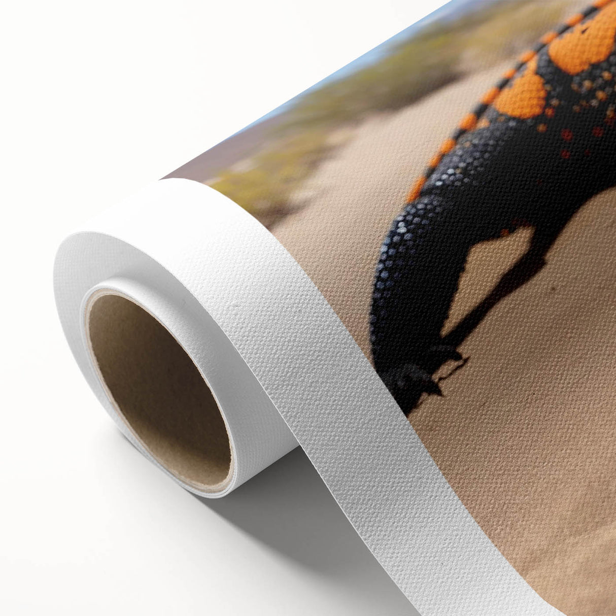 Vibrant rolled canvas showcasing an intricate reptile lizard design, ideal for home decor, featuring rich colors and detailed textures, perfect for art enthusiasts.