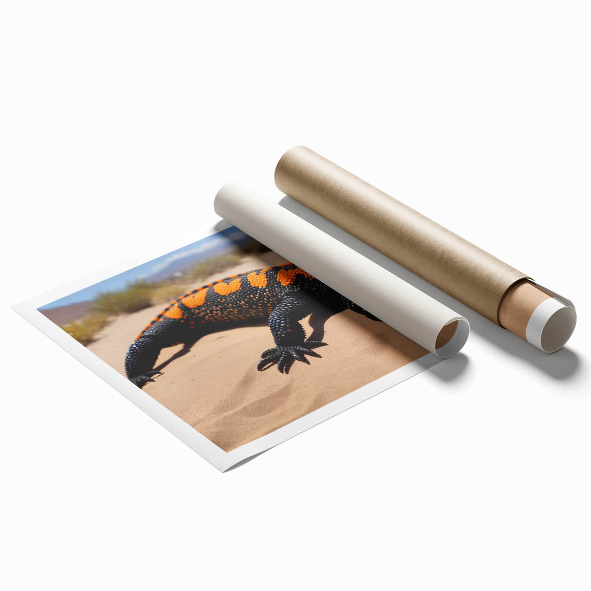 Vibrant reptile-themed wall art featuring a detailed illustration of a lizard in bold colors, perfect for adding a unique touch to home decor. The rolled print is ideal for framing or display, showcasing intricate design elements that enhance any space.