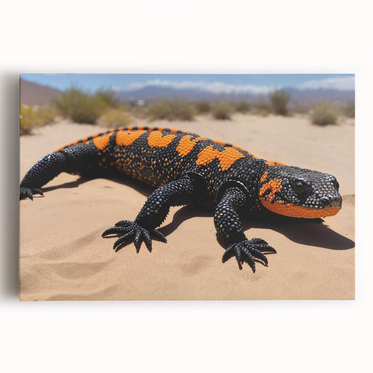 Stretched canvas wall art featuring a vibrant reptile lizard design in shades of green and brown, perfect for nature-themed decor or reptile enthusiasts.
