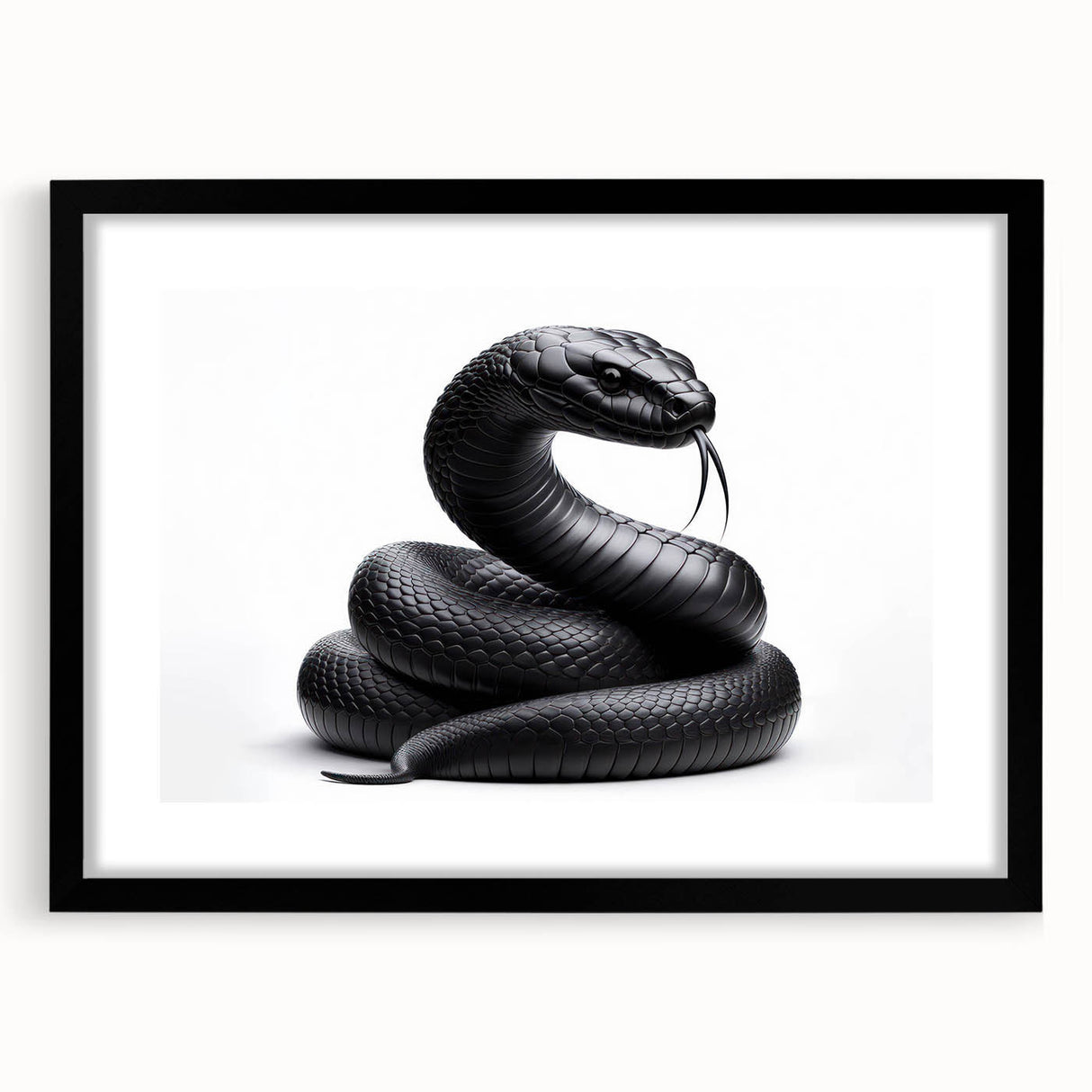 Framed wall art featuring a striking reptile and snake design with a black matte finish, perfect for enhancing modern decor in living spaces.