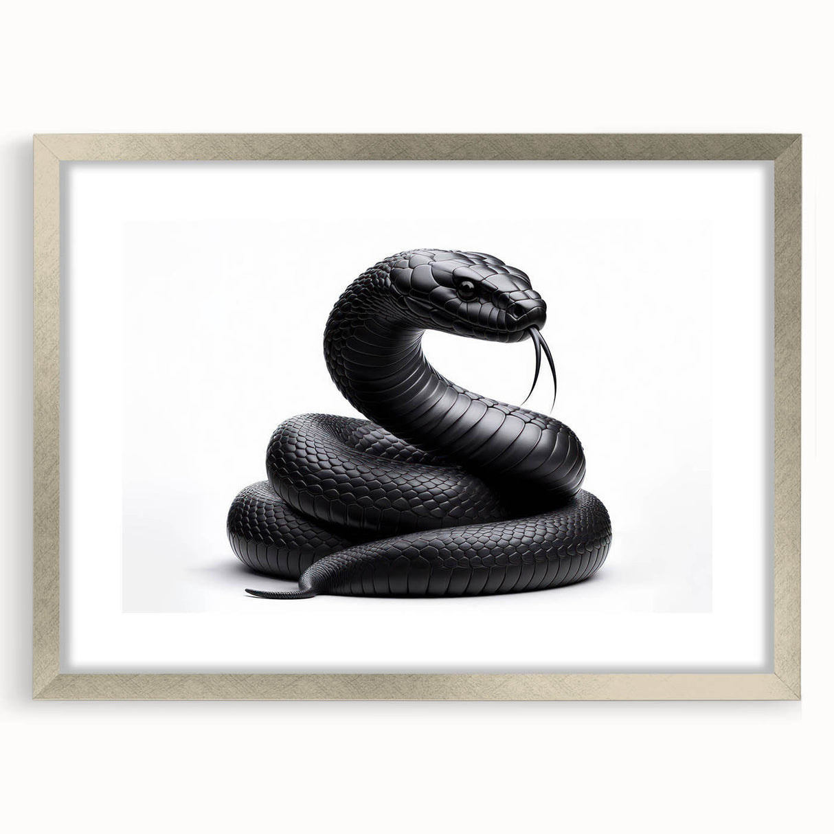 Framed wall art collection featuring a modern snake design in silver frame with matting, ideal for reptile lovers and stylish home decor accents.